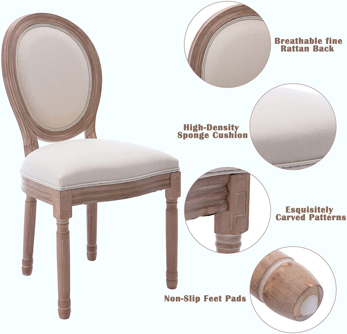 Nrizc French Dining Chairs Set of 6, French Country, Vintage Farmhouse Dining Chairs with Round Back, Solid Wood Beige Fabric Dining Room Chairs, for Kitchen, Bedroom Nrizc