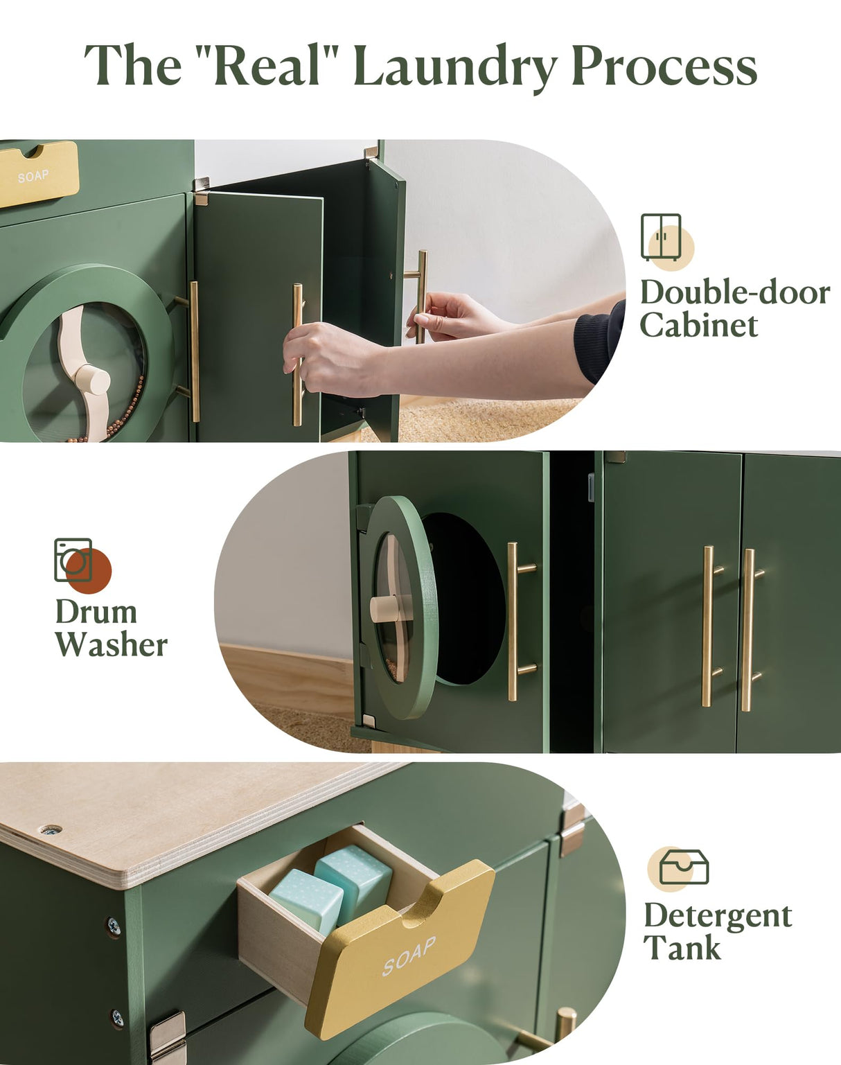 ROBUD Kids Play Kitchen - Wooden Multi-Function Washing Machine for Kids Kitchen Playset - Pretend Toddlers' Kitchen Toy Washer with Accessories - Perfect Baby Gift for Ages 3-8 ROBUD