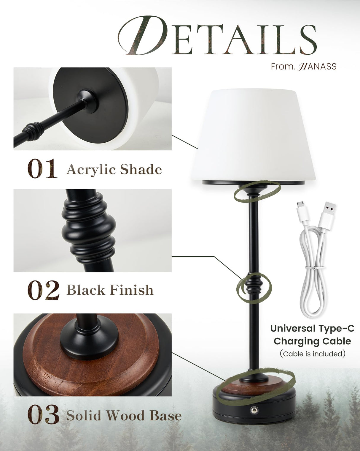 HANASS Cordless LED Table Lamp, Black Desk Lamp with Solid Wood Base, Patio Table Lamp Built-in Rechargeable Battery, 3-Level Brightness Dimmable,Wireless Bedside Night Lamp MT2315 HANASS