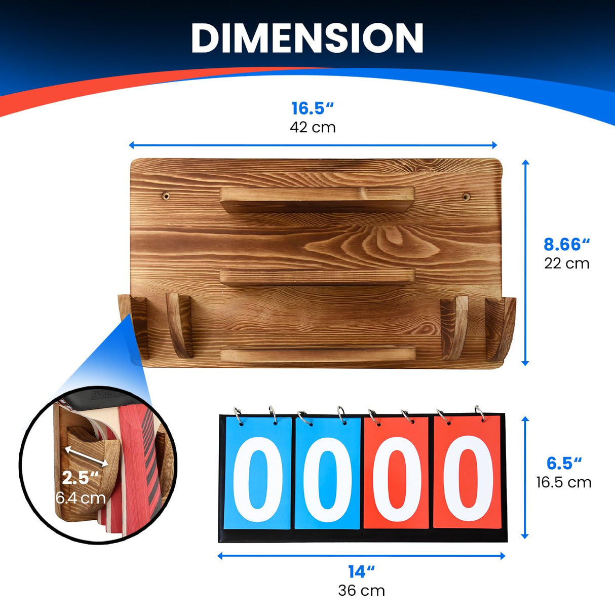 WAKUBON Ping Pong Paddle Holder Wall Mount Storage Rack - Table Tennis Racket Display Accessories Organizer - Holds 6 Paddles and 12 Balls - with Flip Scoreboard WAKUBON