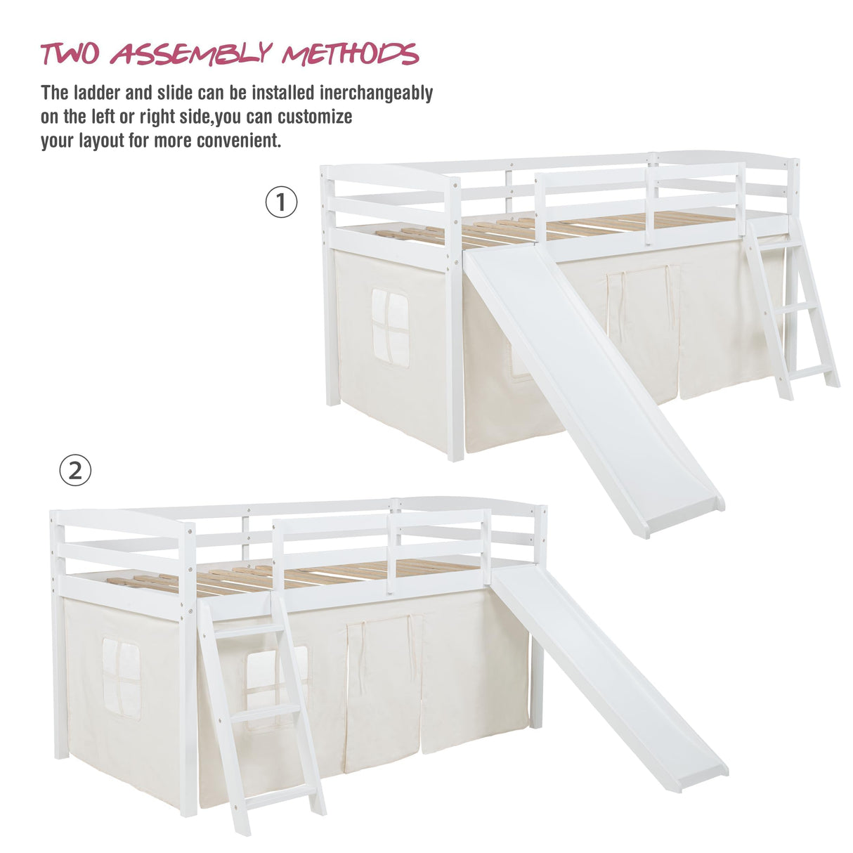 Spirich Kids Loft Bed with Slide and Ladder, Solid Wood Twin Loft Bed Frames with Bed Tent, Low Loft Bed with Guardrails, No Box Spring Needed, White Spirich