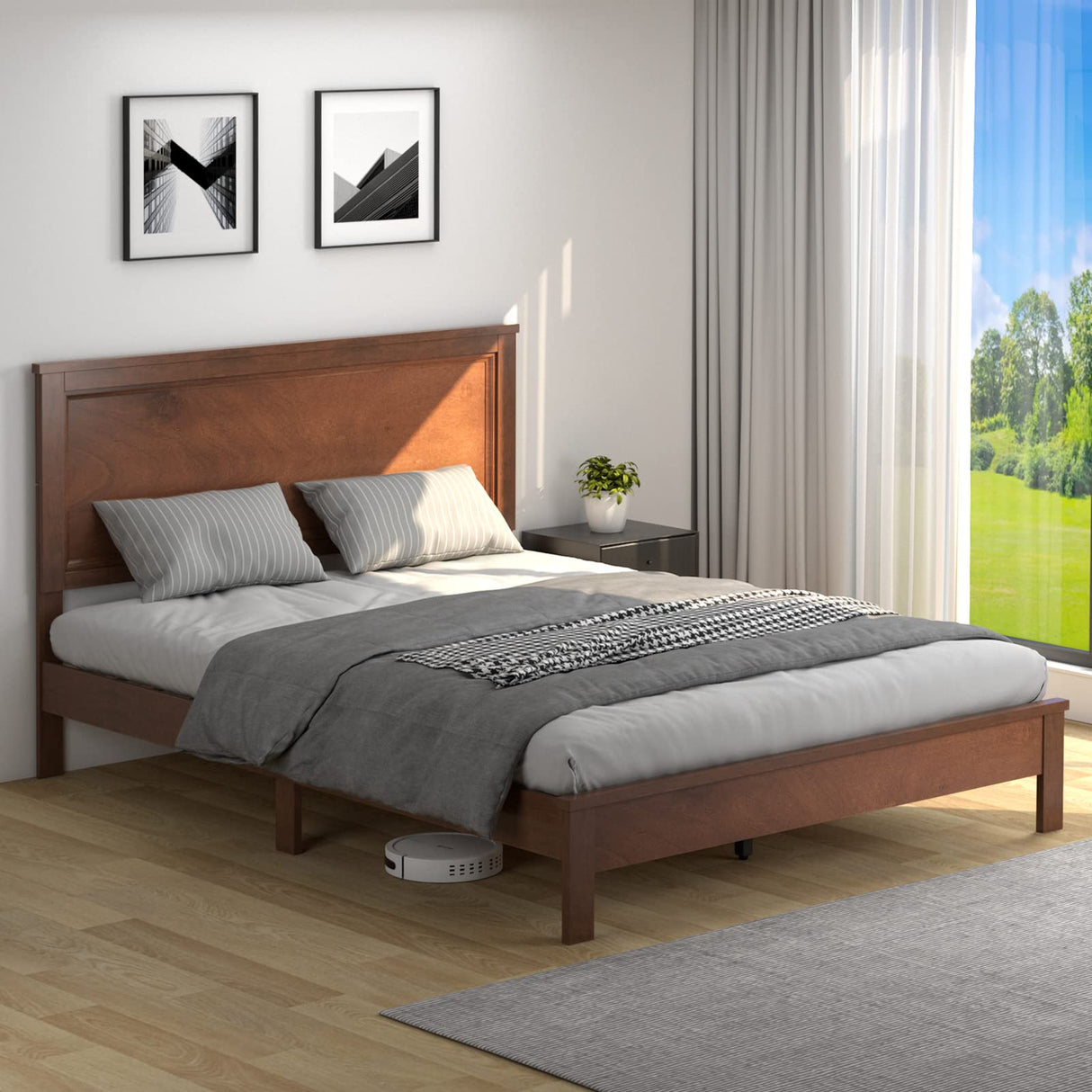 KOMFOTT Mid Century Queen Bed Frame with Headboard – Solid Wood Slats & Easy Assembly KOMFOTT