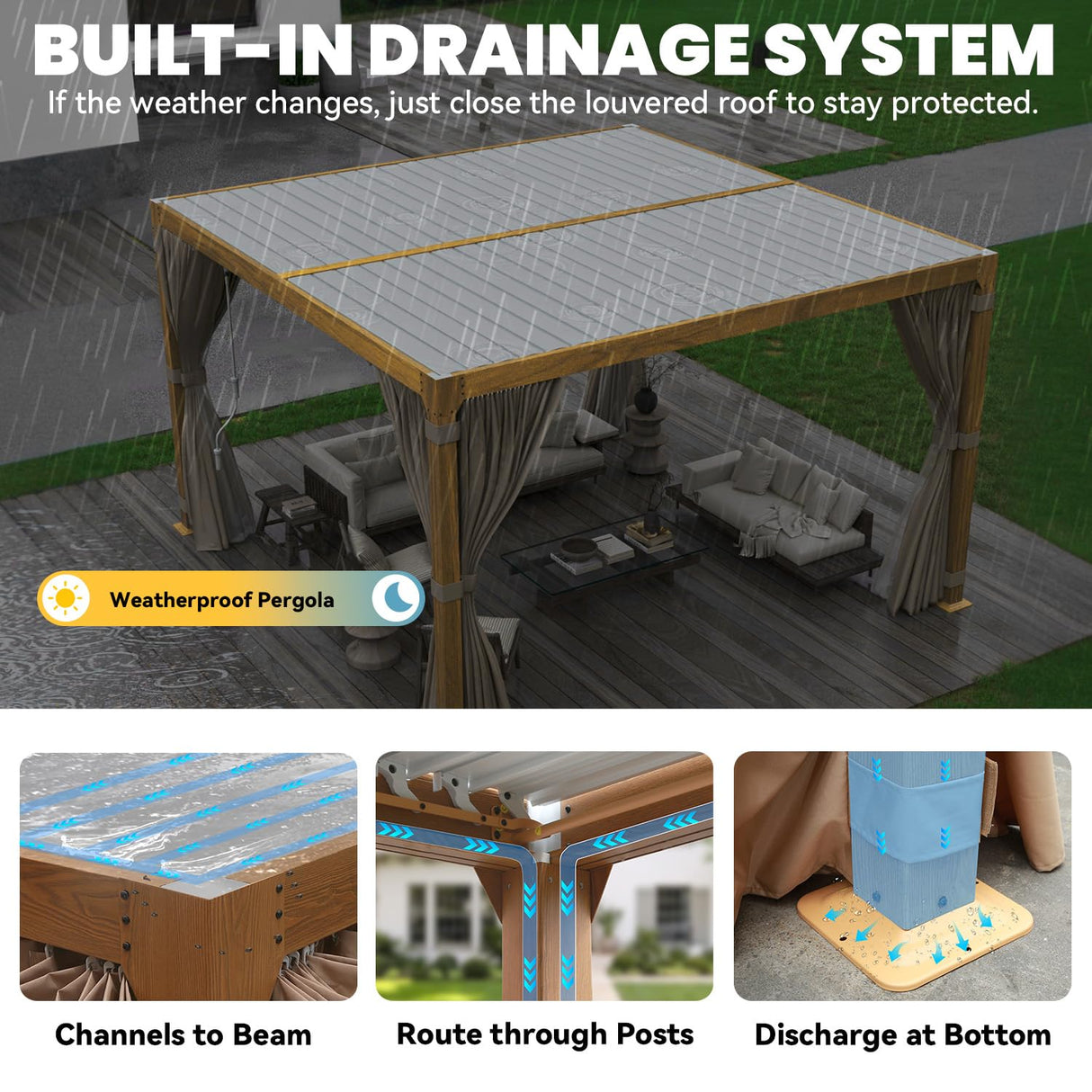 UPHYB Louvered Pergola 12x12ft, Adjustable Aluminum Pergola with Waterproof Curtains and Nets, Sun & Rain Shade for Patio, Modern DIY Outdoor Living Upgrade, Woodgrain UPHYB