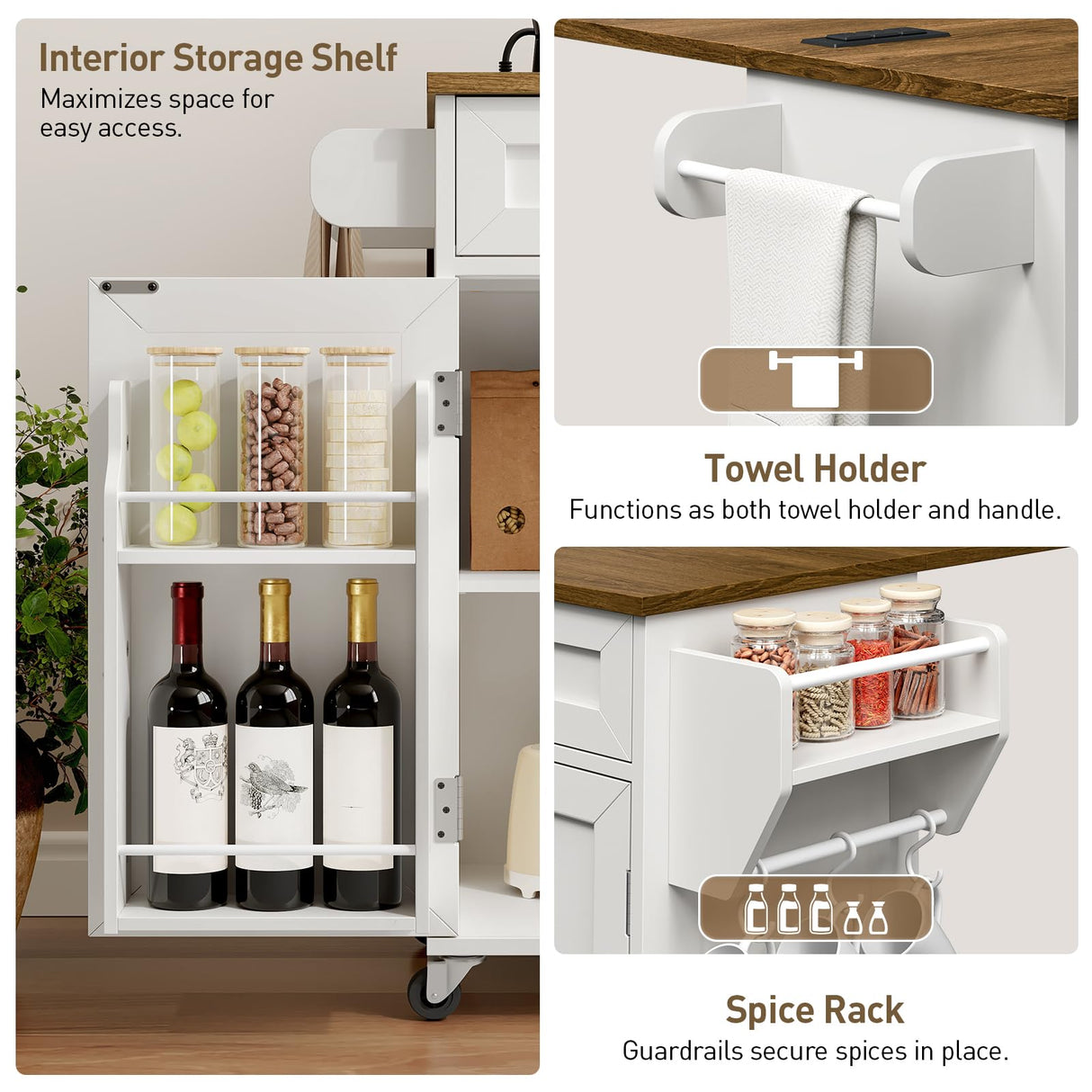 RALGEND Kitchen Island with Power Outlets & Drop Leaf, Kitchen Cart with Storage, Drawer and Spice Rack, Tower Rack, Island Table, White and Walnut RALGEND