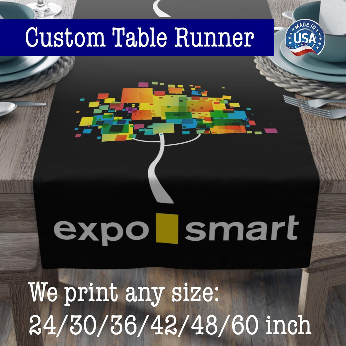 Custom Table Runner with Business Logo, Ships Next Day Made in USA - 24" x 60" Thick Premium Polyester hem sewn all side, Vivid color sublimation print, Trade Show Quality, wrinkle-free (24x60) Exposmart