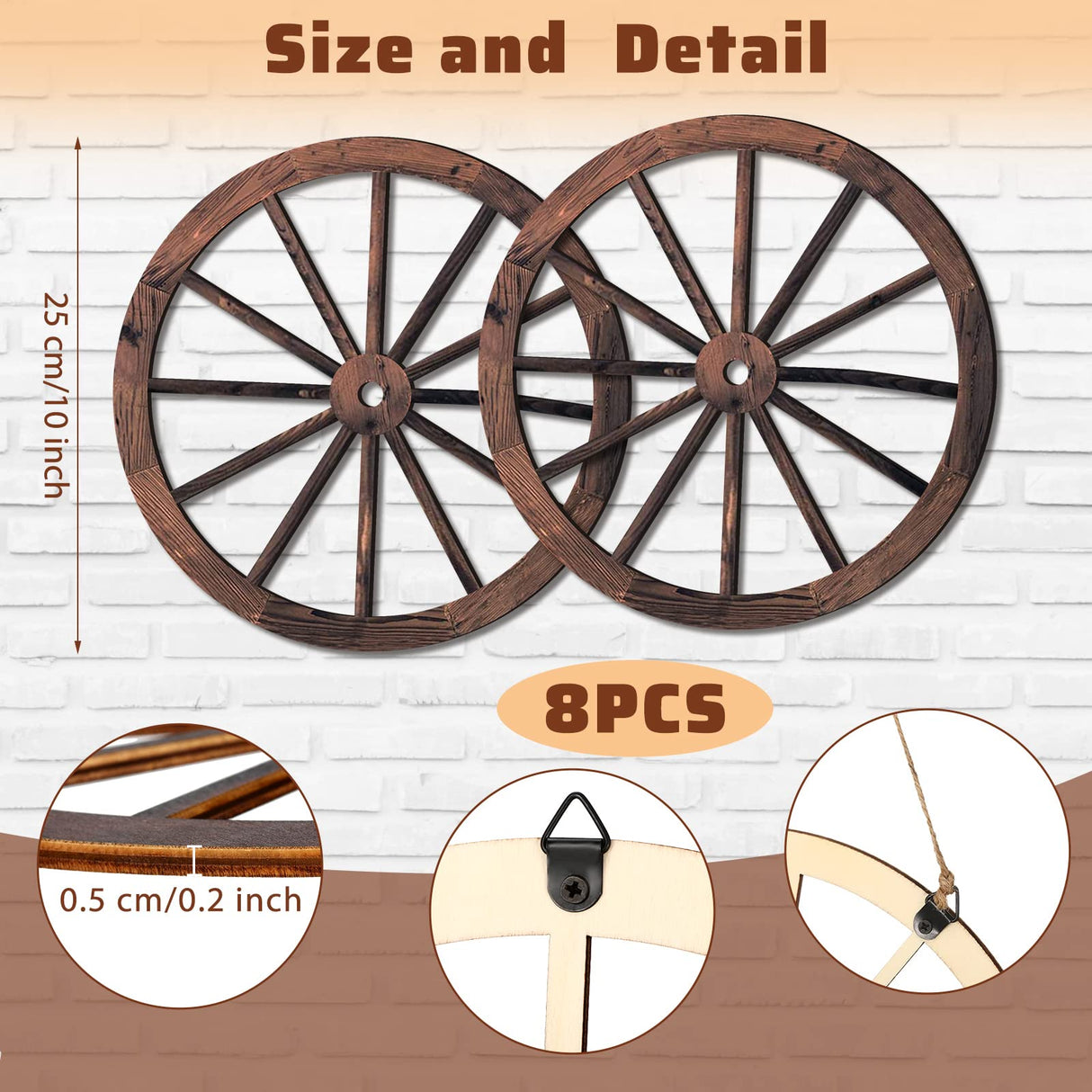 8 Pieces Wooden Wagon Wheel Wall Decor 10 Inches Old Western Wood Wall Art Farmhouse, Rustic Yard Decor Wood Hanging Decorative Wheels for Garden Home Bar Garage Qunclay