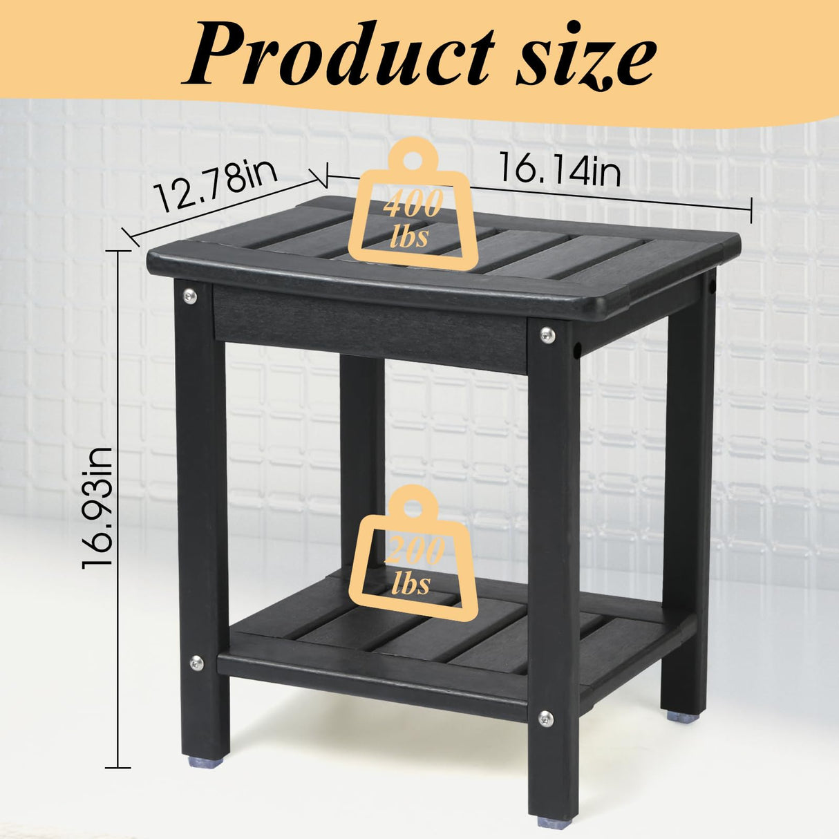 Apolimi Shower Chair,HDPE Shower Bench for Inside Shower to Sit On It, Shower Stool with Storage Shelf 2-Tier Spa Stool for Elderly,Water Resistant & Non-Slip Design Shower Seat Bench (Black S Size) Apolimi
