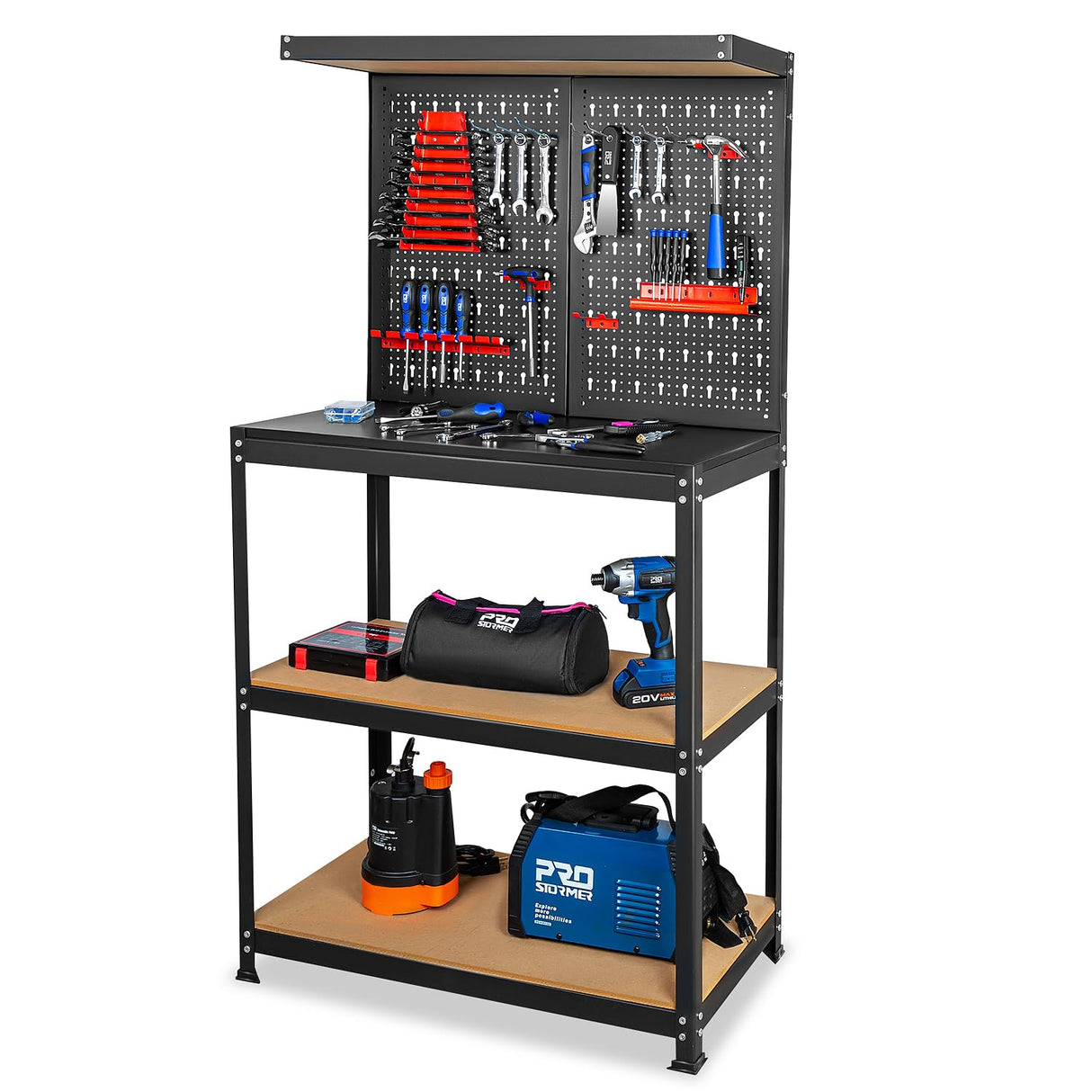 31.5”Workbench, Heavy-Duty Steel Tool Workbench with Pegboard Shelves, 330Lbs Multipurpose Work Benches for Garage, Home, Workshop Storage Prostormer
