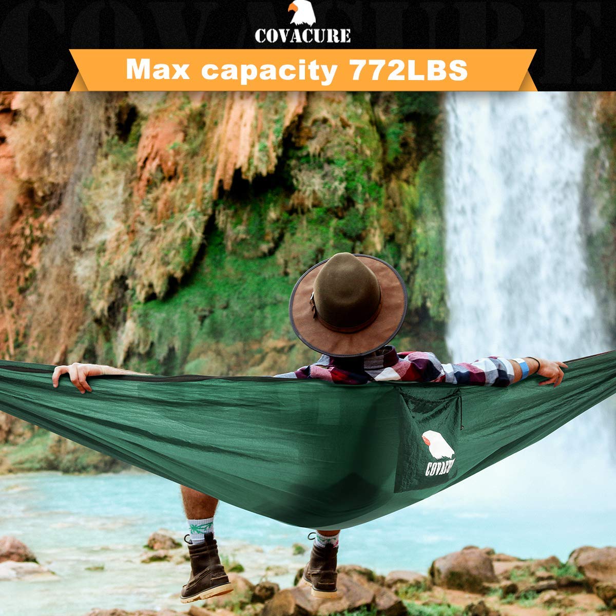Covacure Camping Hammock - Lightweight Double Hammock, Hold Up to 772lbs, Portable Hammocks for Indoor, Outdoor, Hiking, Camping, Backpacking, Travel, Backyard, Beach(Dark Green) covacure