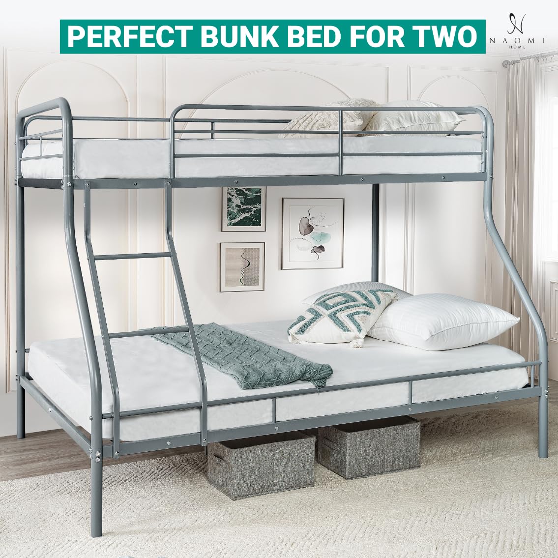 Hollywood Bunk Beds Twin Over Full Size, Heavy Duty Metal Bunk Bed with Safety Guardrails, Angled Ladder, Underbed Storage, 800LBs capacity - for Kids and Teens, Twin over Full Bunk Bed, Gray Naomi Home