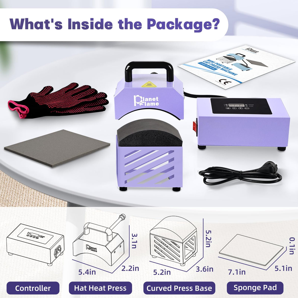 PlanetFlame Hat Press, Mini Hat Press Heat Machine for Caps Hats with 5.4" * 3.1" Curved Teflon Coated Heat Plate & Safety Base for Heat Transfer Vinyl, Sublimation and DIY Projects, Purple PlanetFlame