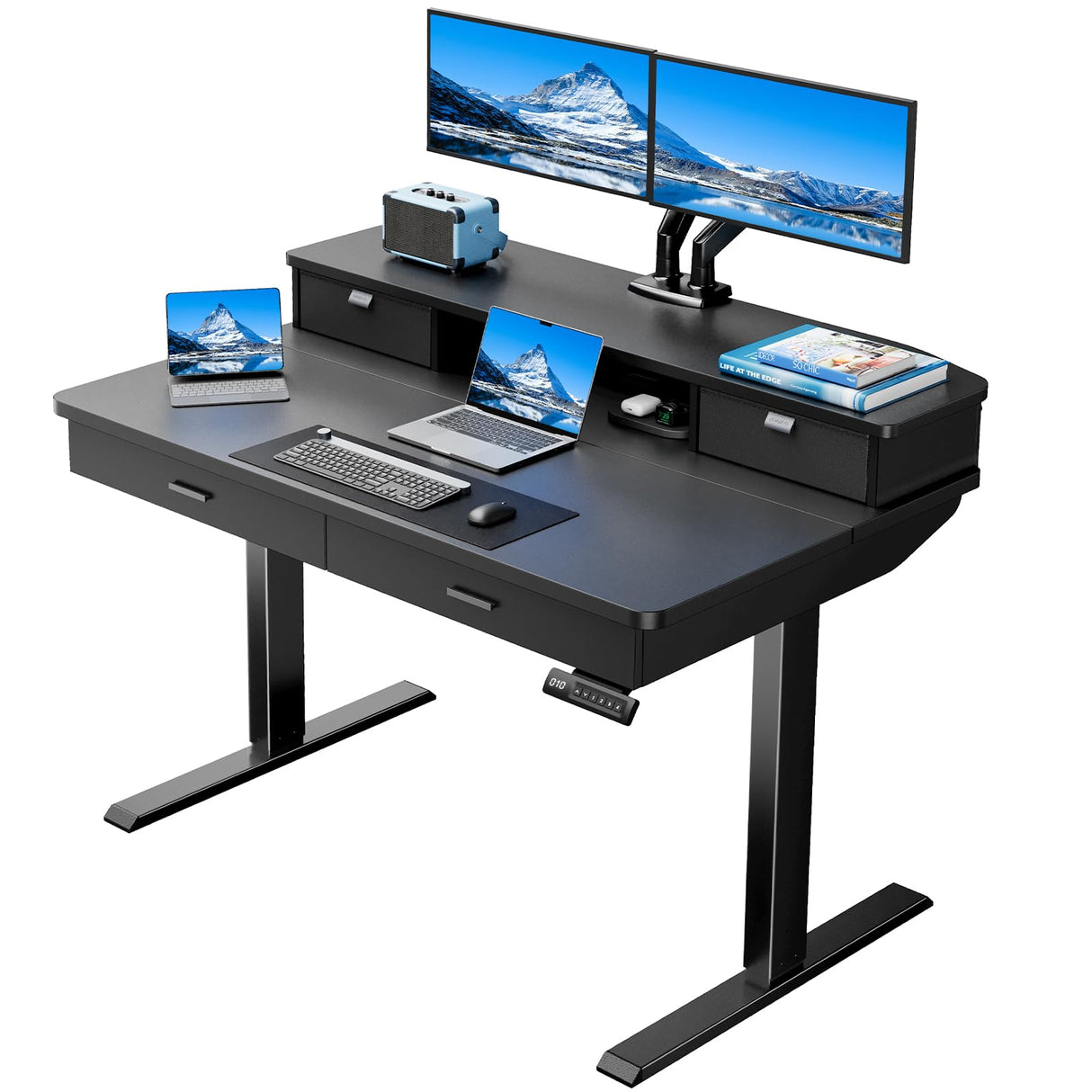 HUANUO 48 x 30 inch Electric Standing Desk with 4 Drawers, Adjustable Height Sit Stand Home Office Desk with Two Tiers, Ergonomic Adjustable Stand up Desk with Monitor Stand, Black HUANUO
