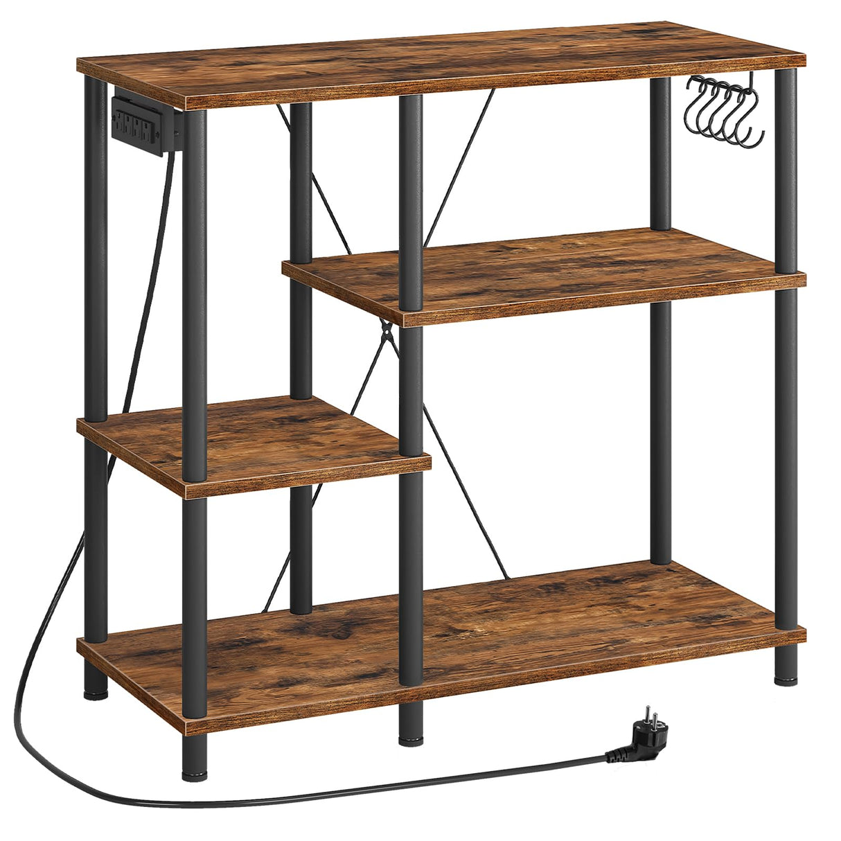 HOOBRO Bakers Rack with Power Outlet, Microwave Stand with 5 S-Shaped Hooks, Coffee Bar, Kitchen Storage Shelf, for Kitchen, Living Room, Rustic Brown and Black BF19UHB01 HOOBRO