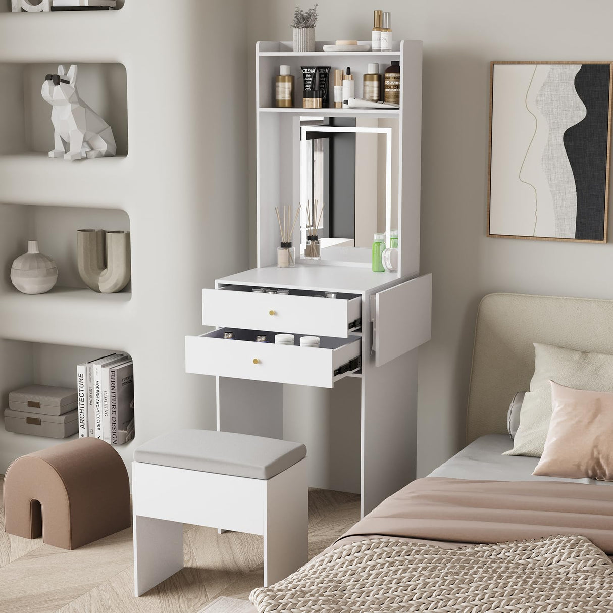 ARTETHYS Small Vanity Desk Set with 3 Adjustable Lighted Mirror and Storage Chair, Makeup Vanity Table for Small Space, White Dressing Table with Fold-up Panel for Bedroom ARTETHYS