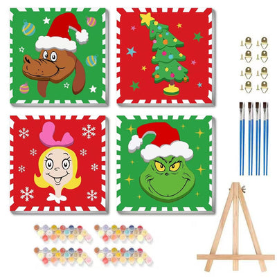 askkqtx 4 Pack Framed Paint by Numbers Kit for Kids - with Wooden Easel, Christmas Paint by Numbers Kit for Kids Ages 4-8-12, DIY Christmas Paint by Numbers with Frame for Home Wall Decor 8x8 Inch