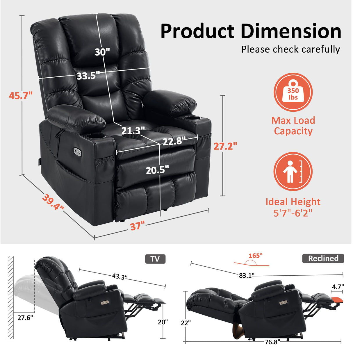 MCombo Large Triple Motor Power Lift Recliner Chair with Massage and Dual Heating, Adjustable Headrest for Tall Elderly People, Faux Leather 7634 (Black, Large) MCombo