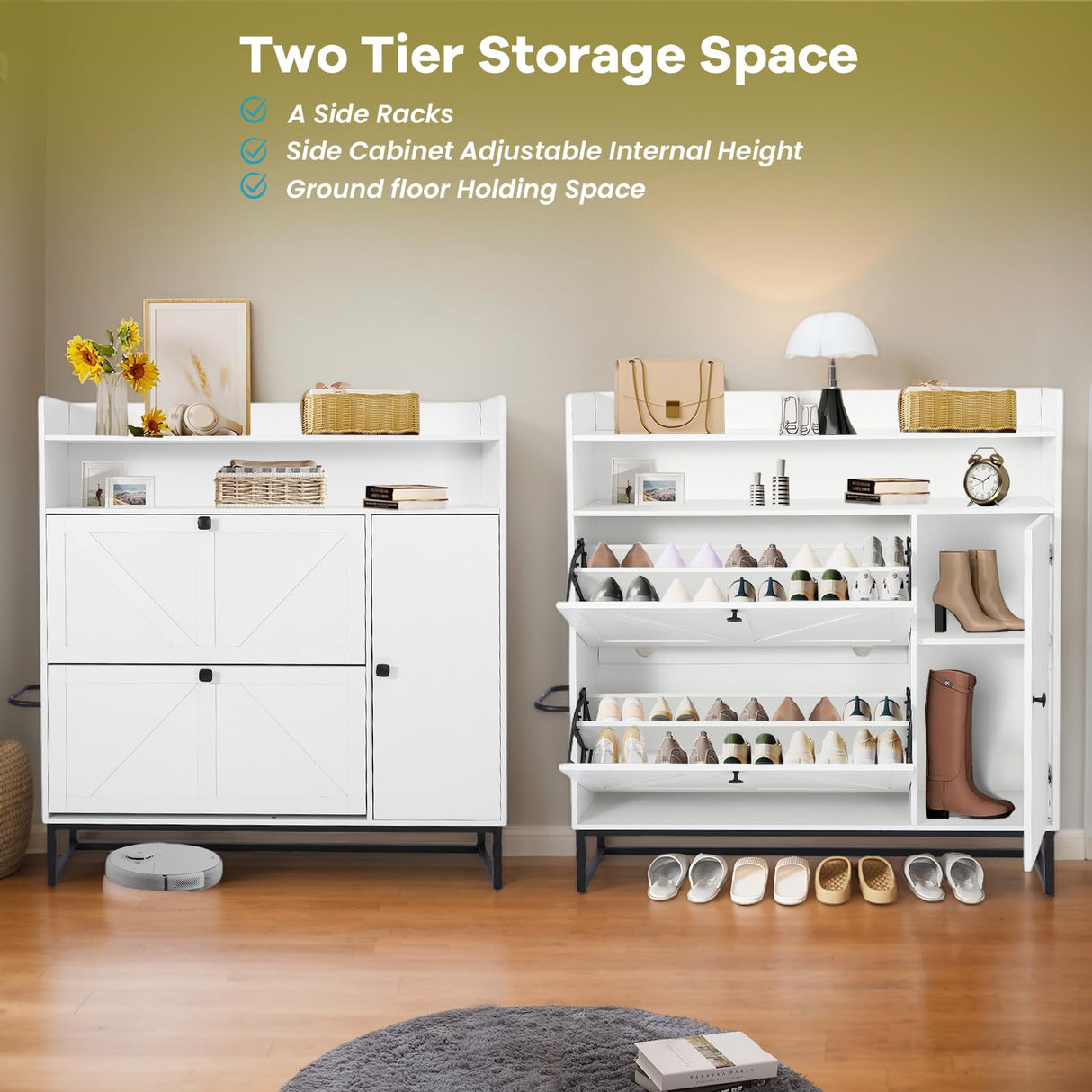 TIMSATIO Shoe Storage Cabinet with 2 Flip Drawers for Entryway, 4-Tiers Slim Freestanding Shoes Boots Rack Cabinet Organizer, Narrow Farmhouse Hidden Shoe Cabinet for Foyer (White) TIMSATIO