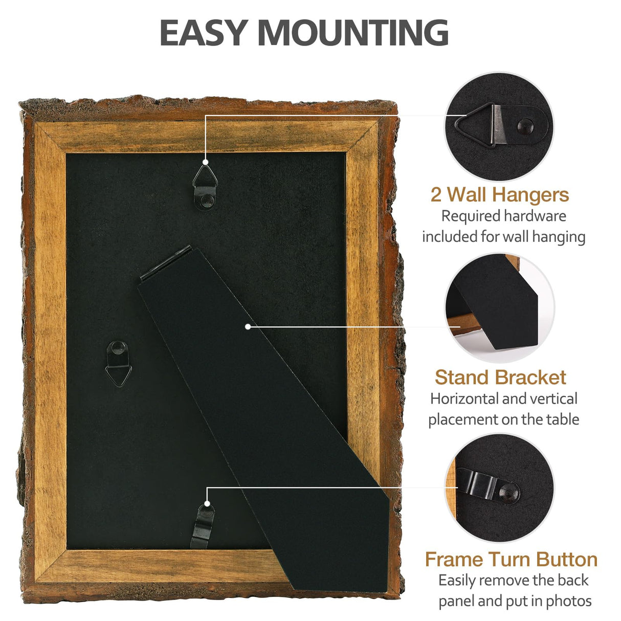 5x7 Picture Frame Rustic Brown, Solid Wood Picture Frame with Bark Edges & Real Glass Cover, Display Pictures/Photos/Prints 5 x 7 for Wall Mounting, Farmhouse Decor Golden State Art