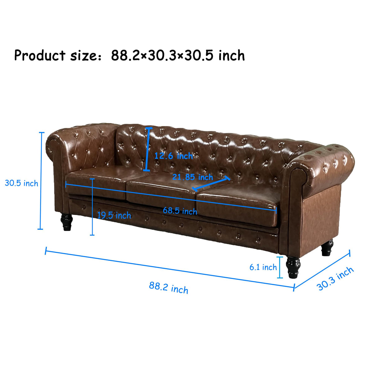 DOOSOODAA Chesterfield PU Leather Couch 3 Seater Sofa, 89" Modern Luxurious Large Button-Tufted Sofa Couch, Home Upholstered Deep Seat Sofa for Living Room Furniture Brown DOOSOODAA