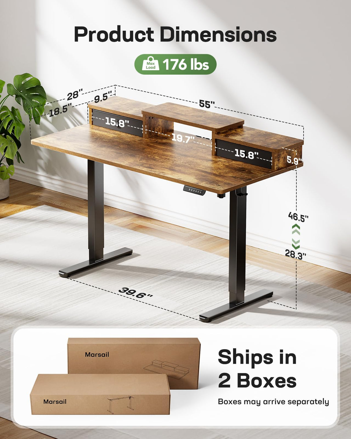 Marsail Electric Standing Desk with Drawers, 55″ x 28″ Height Adjustable Sit Stand Up Desk with Storage Shelf, Ergonomic Home Office & Computer Table with 4 Memory Heights, Rustic Brown Marsail
