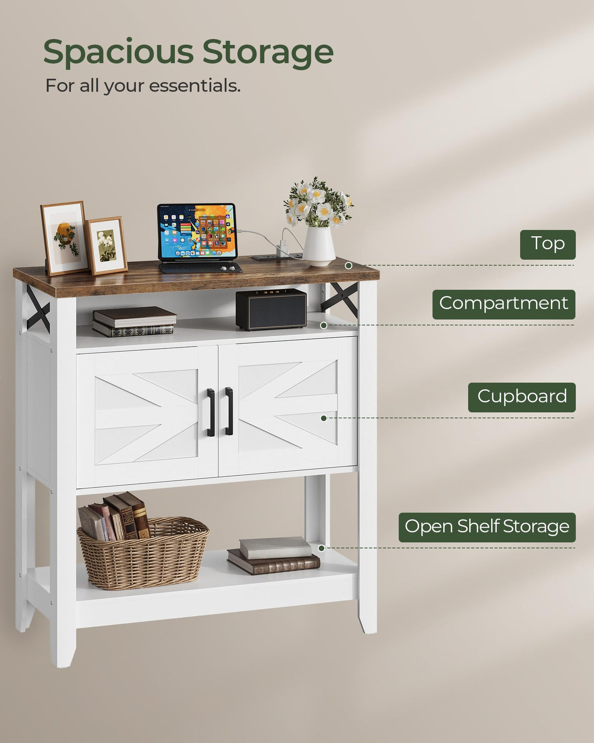 CHOEZON Console Table, Farmhouse Sofa Table with Power Outlet, Entryway Table with Cabinet and Open Shelves, Coffee Bar Cabinet with Storage for Entrance, Hallway, Kitchen, White and Walnut MXG01UWL CHOEZON