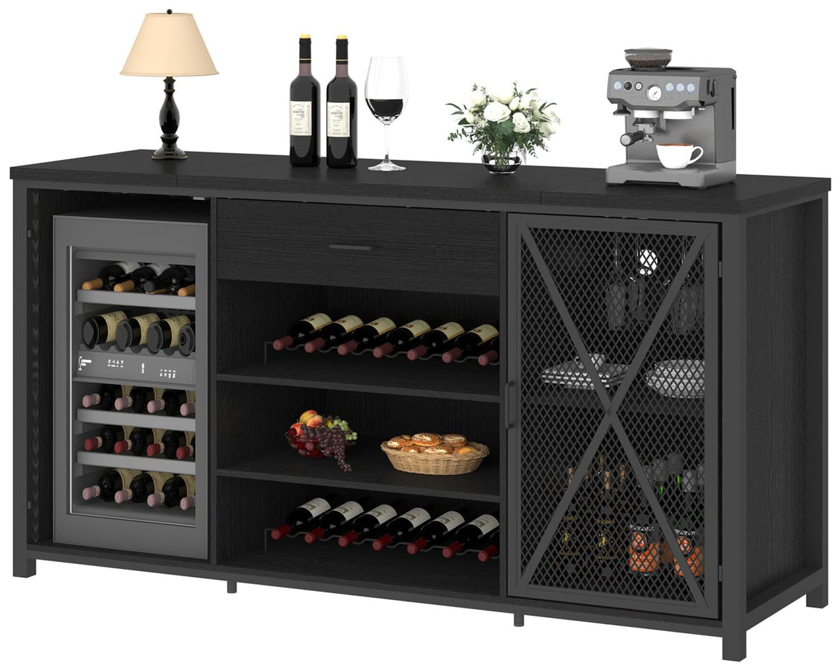 LVB Long Coffee Bar Cabinet with Fridge Space, Modern Wood Metal Large Wine Liquor Cabinet with Rack, Big Wide Sideboard Buffet Cabinet with Drawer Storage for Kitchen Dining Room, Black Oak, 70 Inch LVB