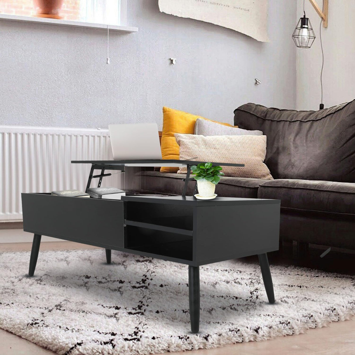 MGHH Wood Lift Top Coffee Table with Hidden Compartment & Adjustable Storage Shelf, Side Tables Lift Tabletop Dining Table for Home Living Room, Office, Reception Room, Black MGHH