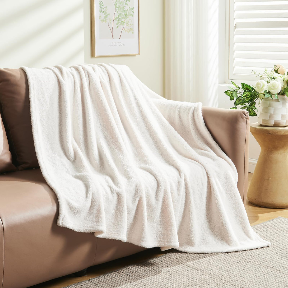 NEWCOSPLAY Knitted Ivory Blanket Super Soft Plush Throw for Couch Fuzzy Fluffy Microfiber Lightweight Blanket for Bed Sofa All Season Use (Ivory, Throw(50"x60")) NEWCOSPLAY