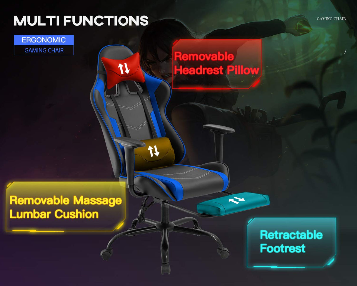 Gaming Chair Office Chair Desk Chair Massage PU Leather Recliner Racing Chair with Headrest Armrest Footrest Rolling Swivel Task PC Ergonomic Computer Chair for Back Support, Blue BestOffice
