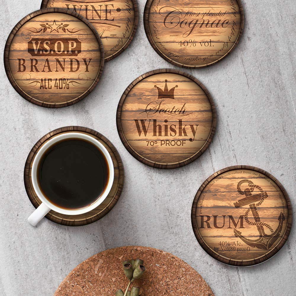 Britimes Set of 6 Coaster for Drinks Absorbent with Cork Base, Metal Holder, Round Wooden Stone Drink Mat for Coffee Wood Table, Gift for Birthday, Farmhouse Housewarming Room Bar Decor Retro 2 Britimes