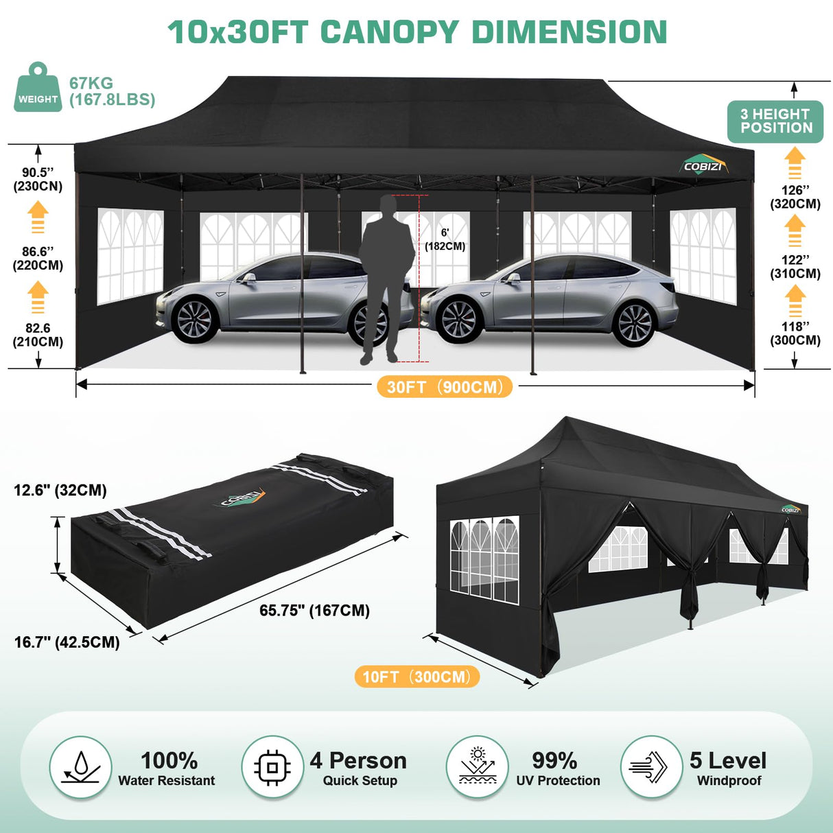 COBIZI 10x30 Pop Up Canopy Tent Heavy Duty with 8 Removable Sidewalls, Commercial Portable Tents for Parties Ez Up Canopy All-Weather Windproof & Waterproof and UPF 80+ Wedding Tent Sun Shelter COBIZI