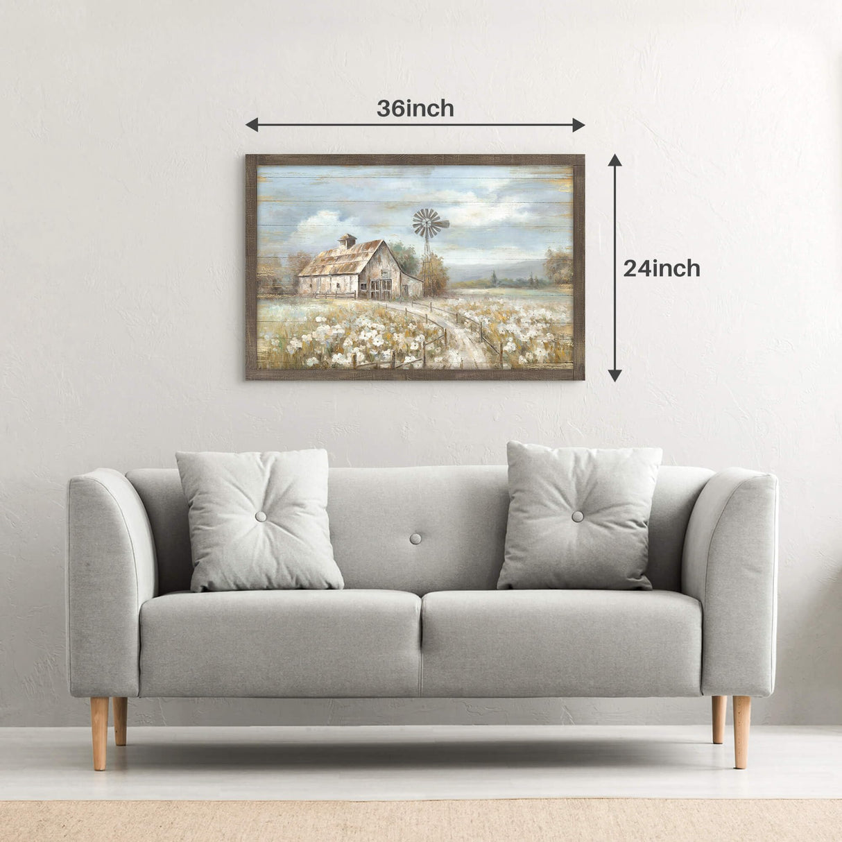Barn Framed Wall Art Decor: Rustic Farmhouse Wooden Picture Countryside Windmill Meadow Painting Blue Sky and Wild Flowers Prints Artwork for Bedroom Kitchen 36'' x 24'' cozy country