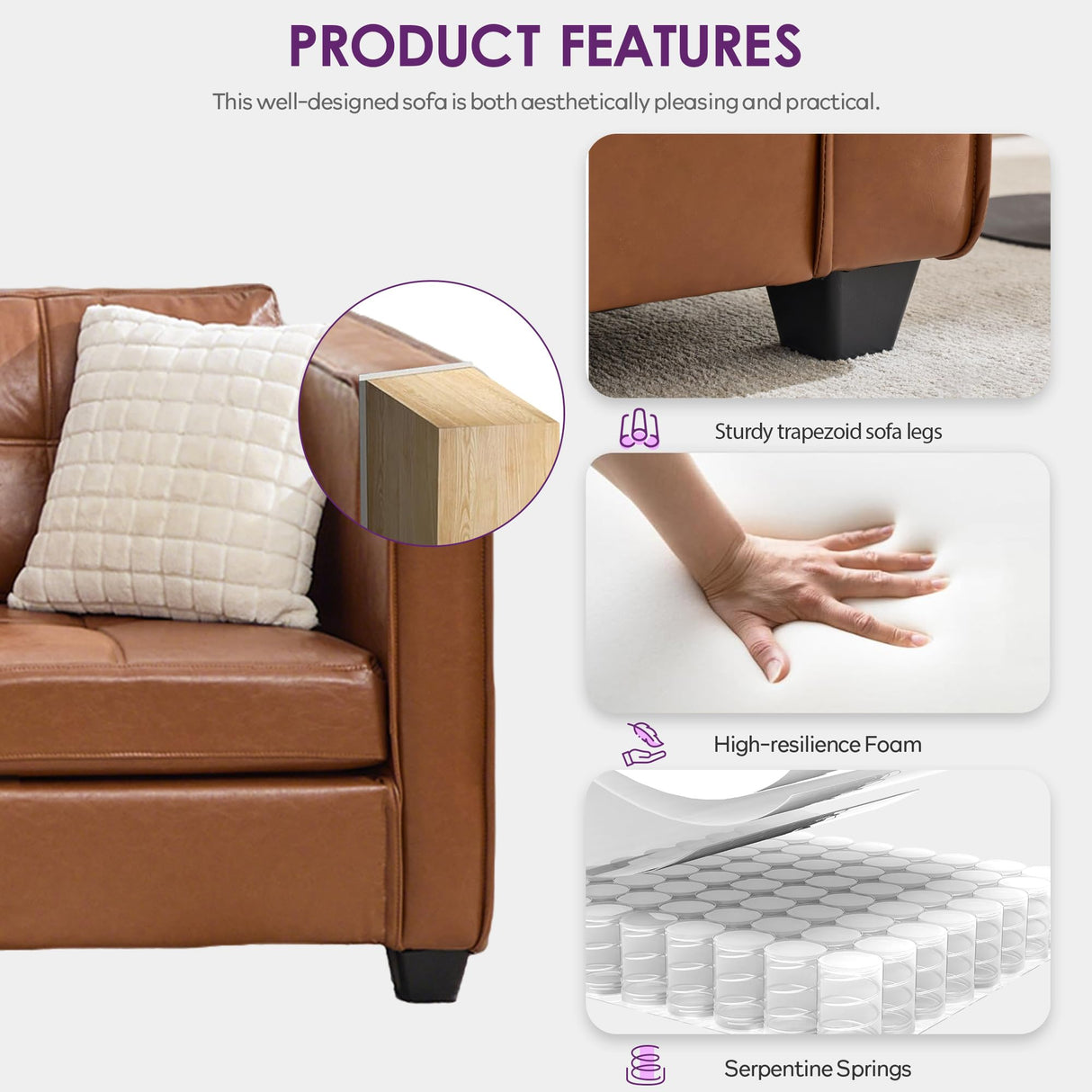 TYBOATLE 65" Brown Faux Leather Sofa Couches for Living Room, Mid-Century Modern Tufted Comfy Loveseat w/USB Charging Ports and Wide Arms, 2 Seater Office Small Couch for Small Space Bedroom TYBOATLE