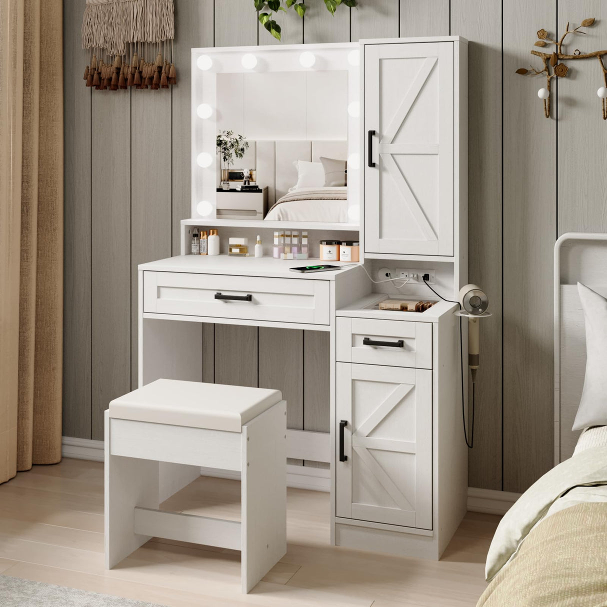 Fameill Vanity Desk with Mirror and Lights,Make up Vanity with Chair and Outlet,Dressing Table with Jewelry Cabinet, Bedroom Vanity with 2 Drawers, 3 Lighting Colors,36.4 inch,White Fameill