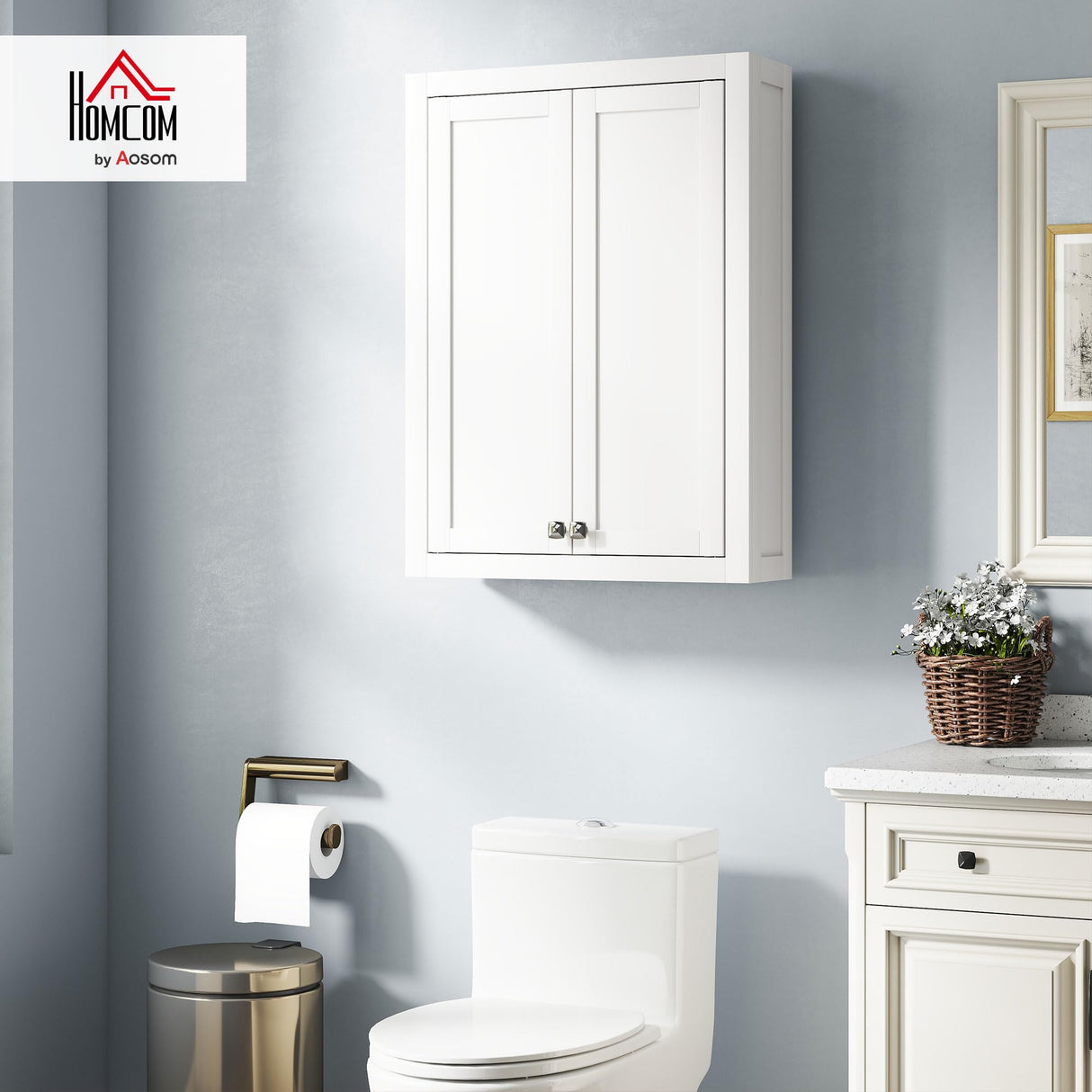 HOMCOM Bathroom Wall Cabinet, Modern Medicine Cabinet Wall Mounted, Over The Toilet Space Saver with 2 Doors and 2 Adjustable Shelves, White HOMCOM