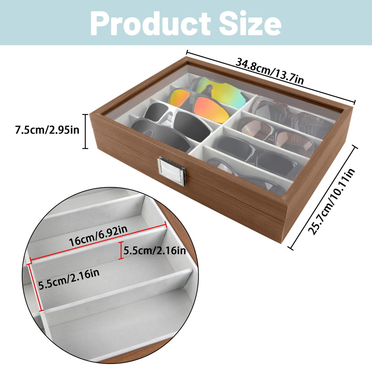 Homeanda Wooden Color 8 Grids Glasses Eyeglasses Case Sun Glasses Holder Eyewear Organizer Sunglasses Box Glasses Case Tray Glasses Display Showcase Organizer Jewelry Tray with Cover Homeanda