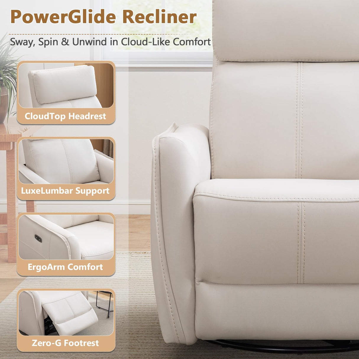 ANJ Swivel Recliner Chair, Glider Rocker Recliners for Nursery, Power Rocker Reclining Chair with USB Port, Upholstered Leathaire Electric Rocking Chairs for Living Room, Bedroom, Cream White ANJ