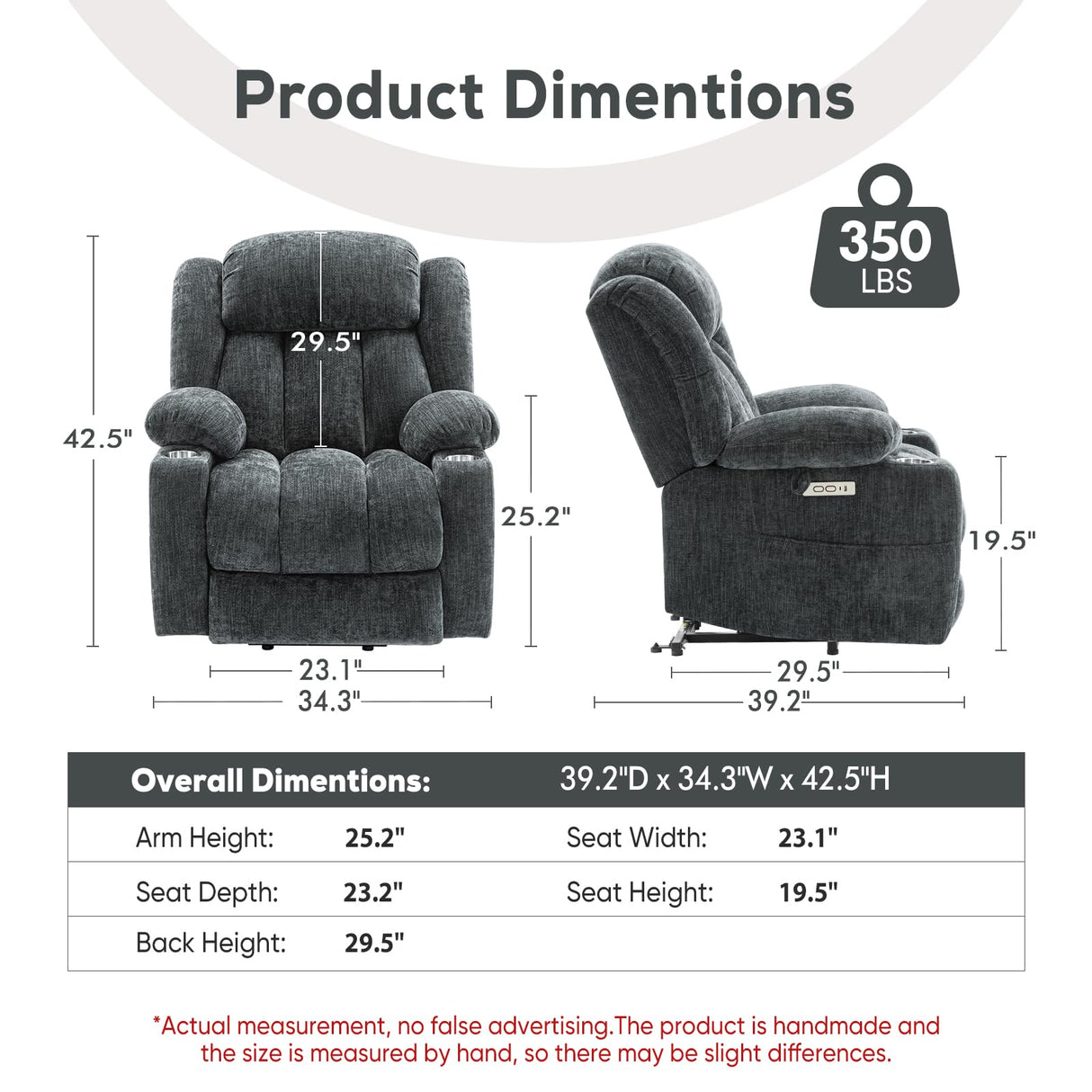 ABCASA Large Power Lift Chairs Recliners for Elderly with Heat & Massage, Upgraded Chenille Recliners, USB-A & C, Cup Holder, Side Pocket, Grey Blue ABCASA