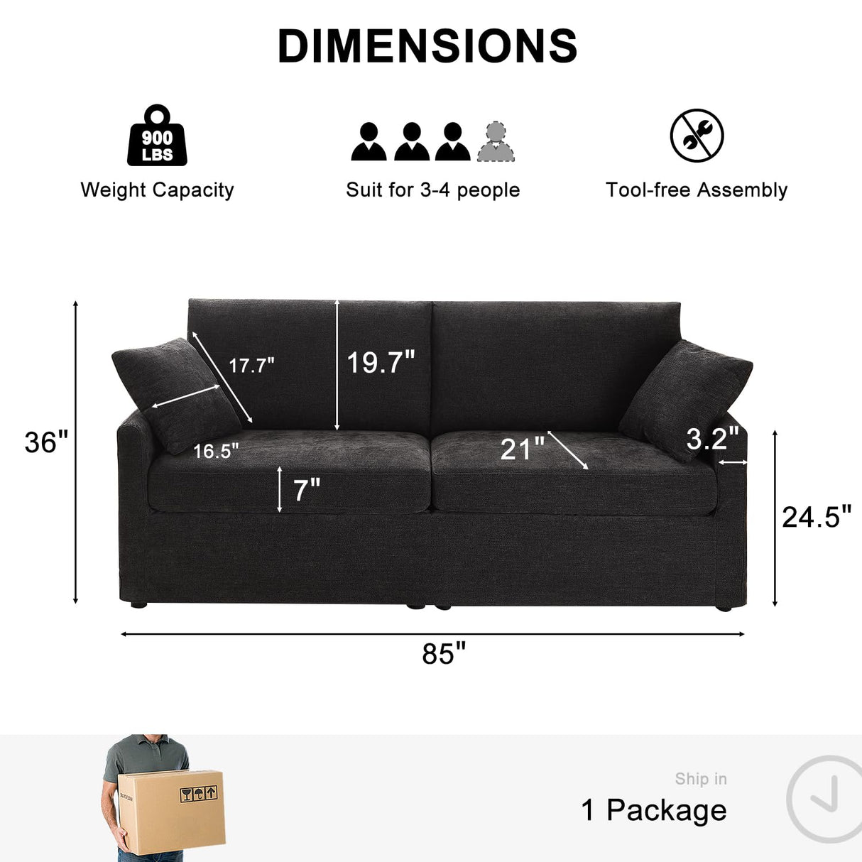 LegacyAmerhome 85" Chenille Sofa Couches for Living Room, 3 Seater Sofa with 2 Pillows, Modern Couches Tool-Free Setup, Comfy Oversized Loveseat with Medium Firm Cushions for Small Spaces, Apartment LegacyAmerhome