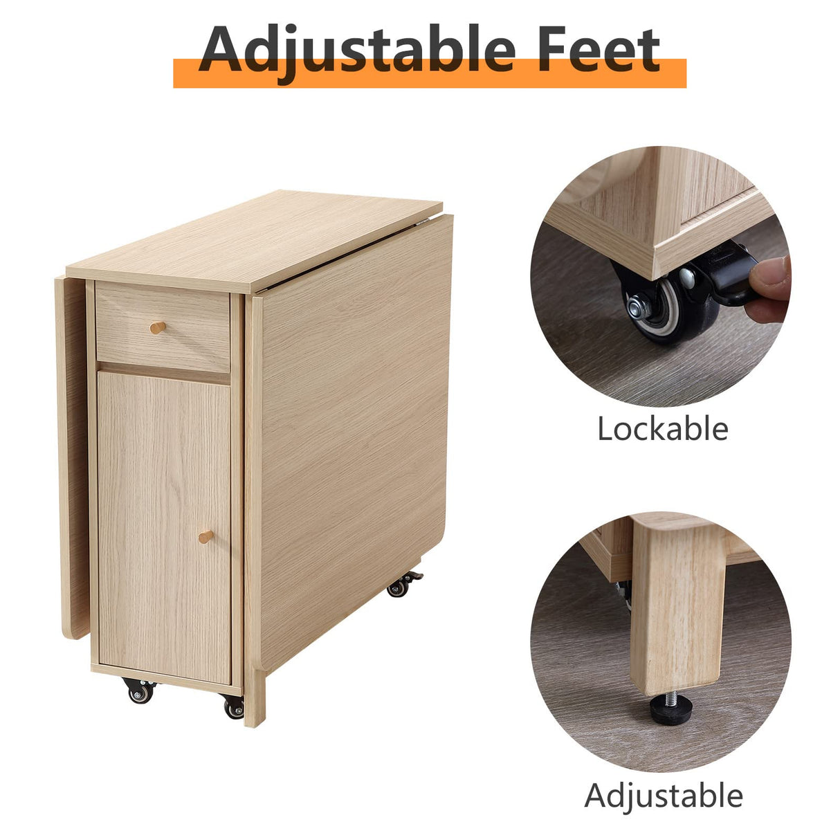 COMUHOME Extendable Drop Leaf Folding Dining Table with 2 Drawers and 4 Wheels for Living Room Kitchen Farmhouse Space Saving Table in Wood Color COMUHOME