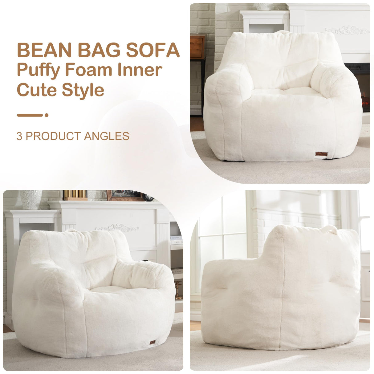 Hobestluk Bean Bag Chair for Adult Small Bean Bag Chairs with Arms Furry Beanbag Chair with Foam Filler Stuffed Bean Bag Sofa for Reading in Bedroom Living Room and Dorms(White) Hobestluk