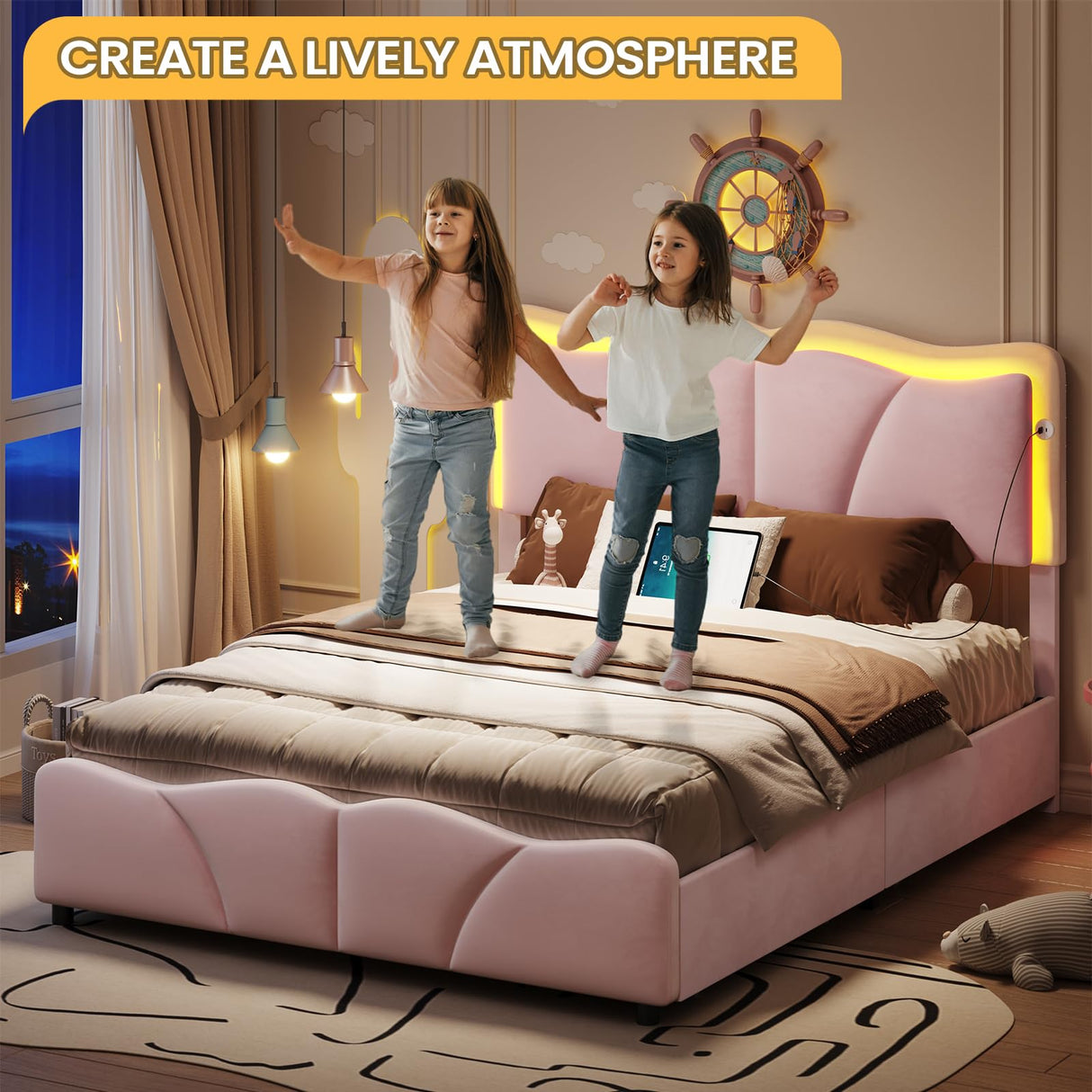 FORABAMB Full Size Bed Frame with 4 Drawers, Upholstered LED Bed Frame with Adjustable Flowers Headboard, Platform Bed Frame Full Size with Wooden Slats Support, No Box Spring Needed, Pink FORABAMB