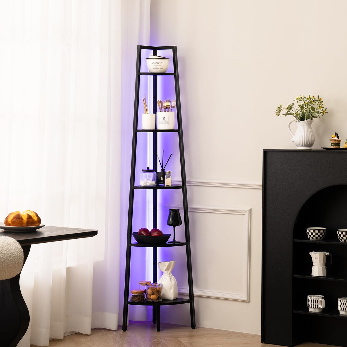 Yoobure Corner Shelf Stand, 5-Tier Bookshelf with LED Lights & Steel Frame, Tall Storage Shelves for Living Room, Bedroom, Office, Multi-Purpose Display Bookcase Yoobure