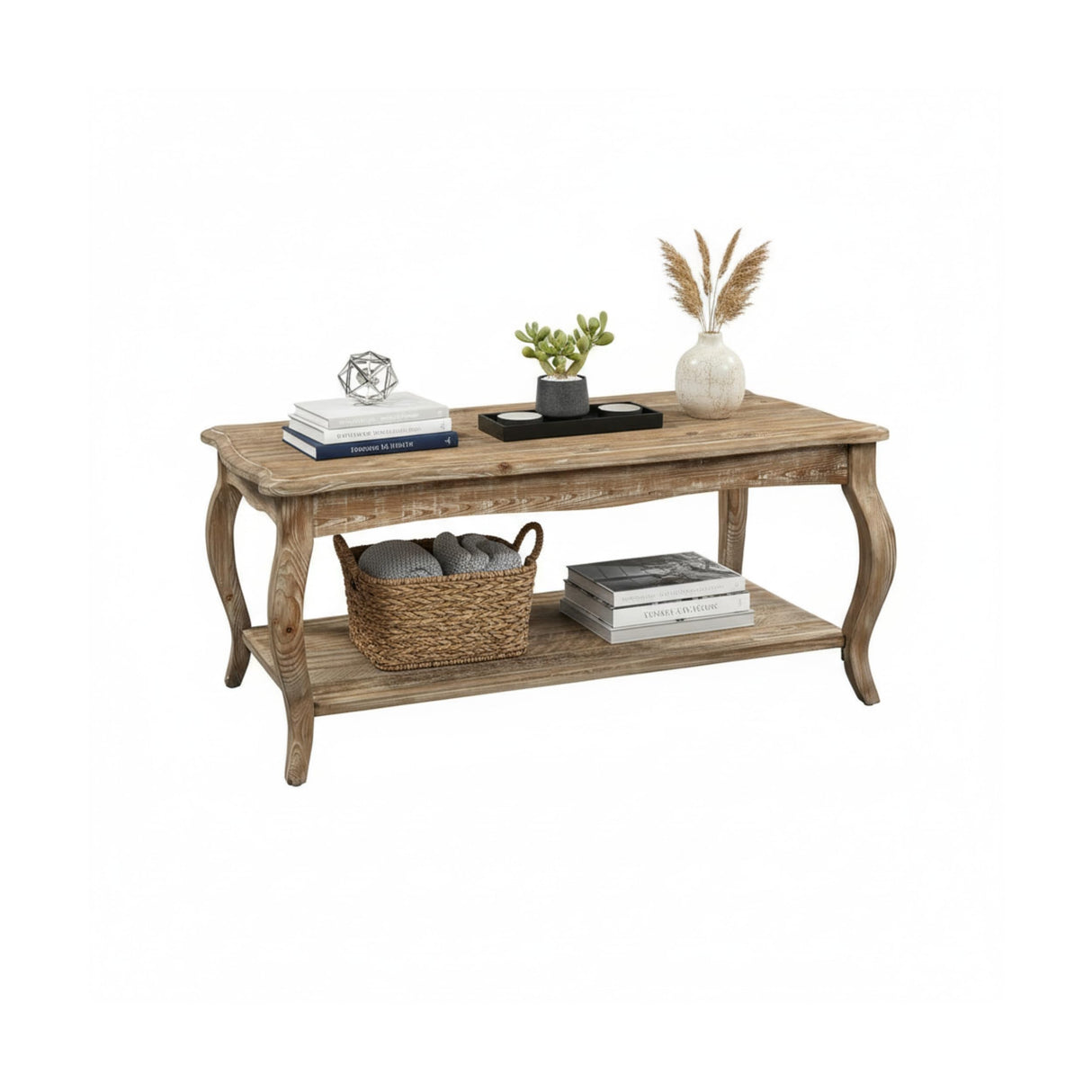 Alaterre Furniture Austerity 42-Inch Rustic Coffee Table with Open Shelf, Curved Legs, and Scalloped Edge - Easy Assembly Reclaimed Wood Living Room Table - Farmhouse Furniture (Driftwood Finish) Alaterre Furniture