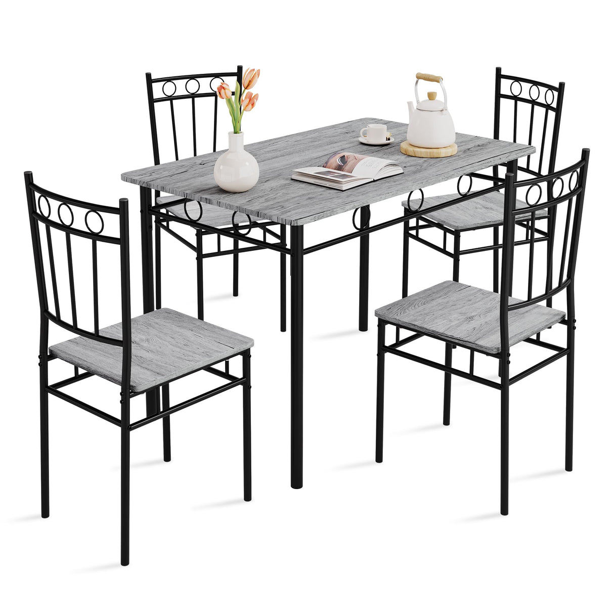 Vipbear Kitchen Dining Table Set for 4, 5-Piece Kitchen Table Set,Dining Room Table Sets,Rectangular Kitchen Table Set with 4 Chairs for Small Space, Dinette,Apartment,Rustic Grey Vipbear
