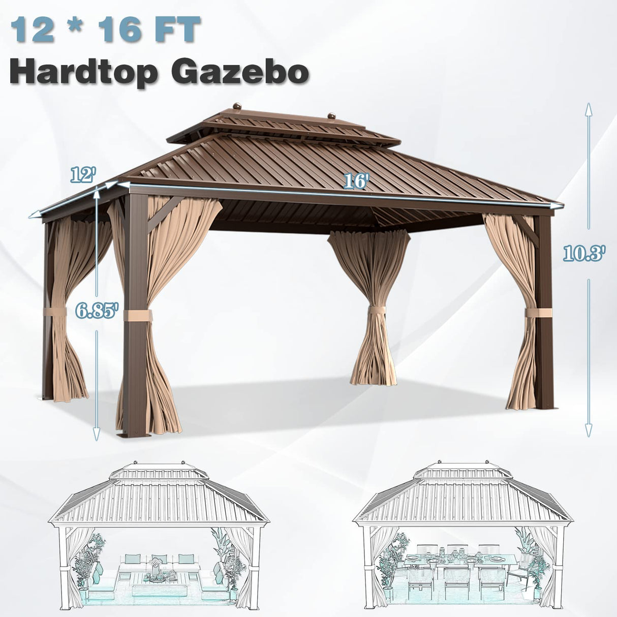MELLCOM 12' x 16' Hardtop Gazebo, Galvanized Steel Metal Double Roof Aluminum Gazebo with Curtains and Netting, Brown Permanent Pavilion Gazebo with Frame for Patios, Gardens, Lawns MELLCOM