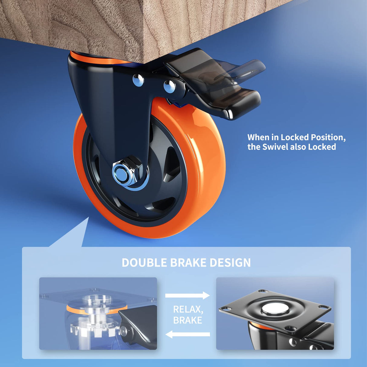 4 Inch Caster Wheels Heavy Duty 2200Lbs, Casters Set of 4 with Safety Dual Locking, Swivel Industrial Plate Casters, No Noise Wheels for Cart, Furniture(Bonus of 2 Hardware Kits & Gloves) WOZESEIK
