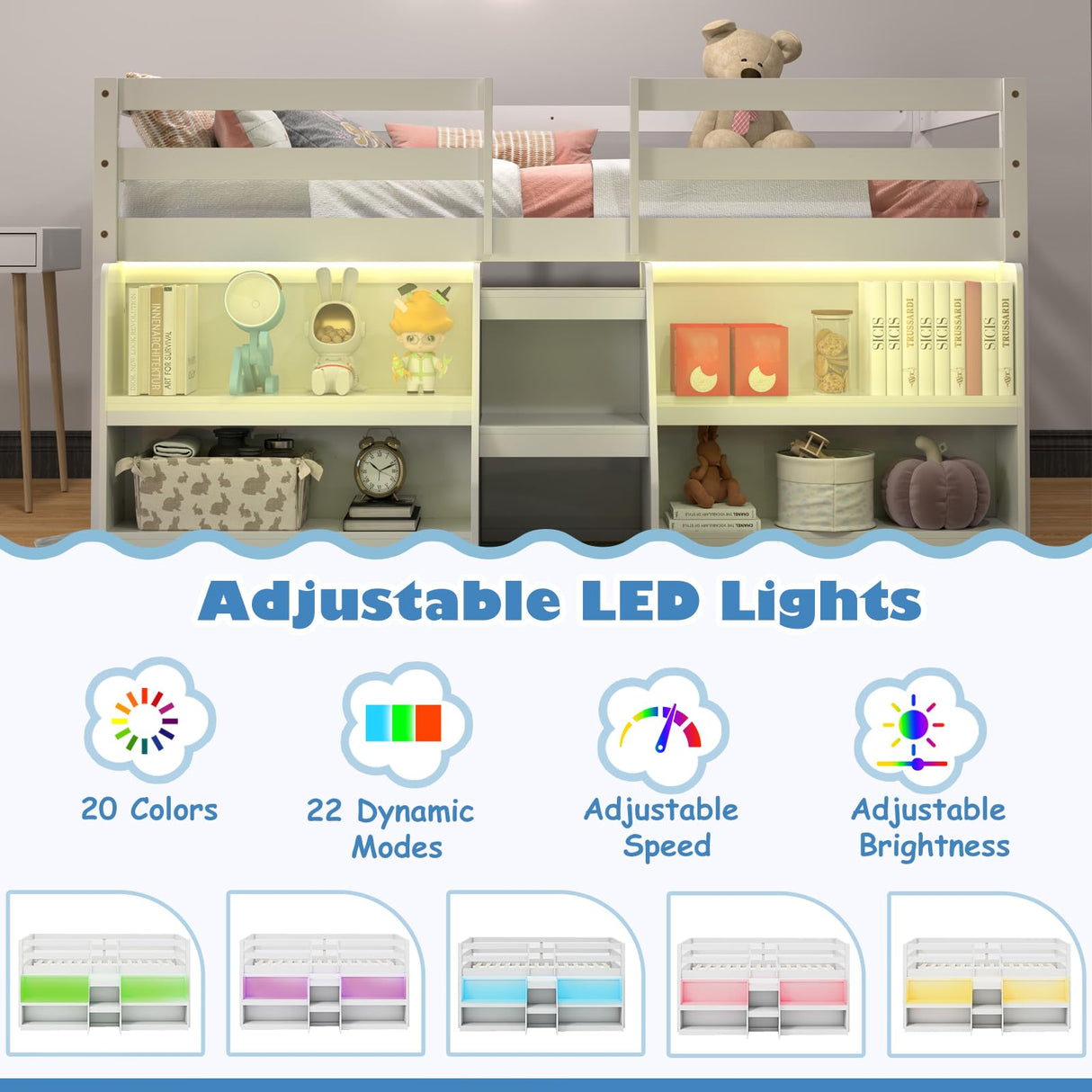 KOMFOTT Low Loft Bed with LED Light & 2 Bookcases, Wood Kids Twin Bed with Under-Bed Play Space, Stairs & Guardrails, No Box Spring Needed, Modern Low Loft Bed Frame, White KOMFOTT