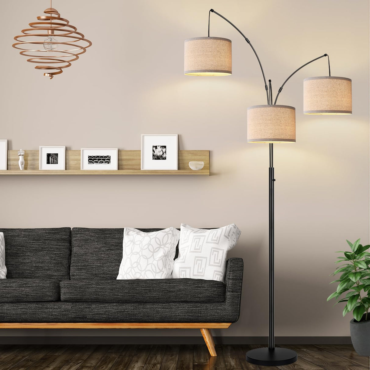 Dimmable Floor Lamp - 3 Lights Arc Floor Lamps for Living Room, 1000LM Modern Tall Standing Lamp With Beige Shades & Heavy Base, Mid Century Tree Floor Lamp for Bedroom Office, 3 LED Bulbs Included Nintiue