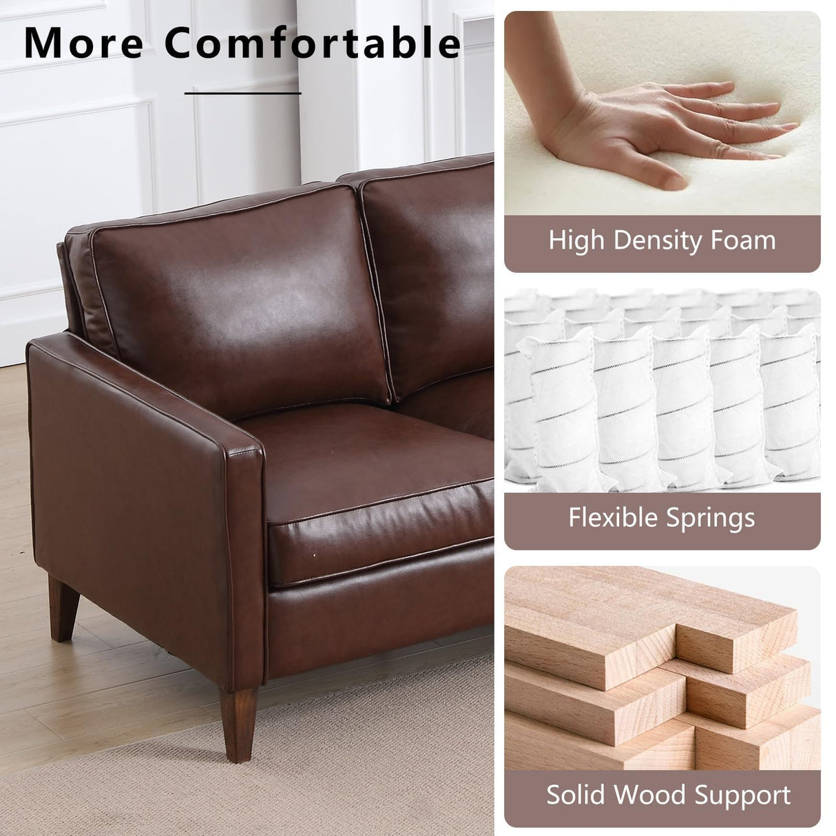 EBELLO 77” Mid Century Modern Sofa Couch, 3 Seater Faux Leather Couches for Living Room, Soft Padded Comfy Cushion, Small Sofa for Small Spaces, Bedroom, Apartment, Dark Brown EBELLO